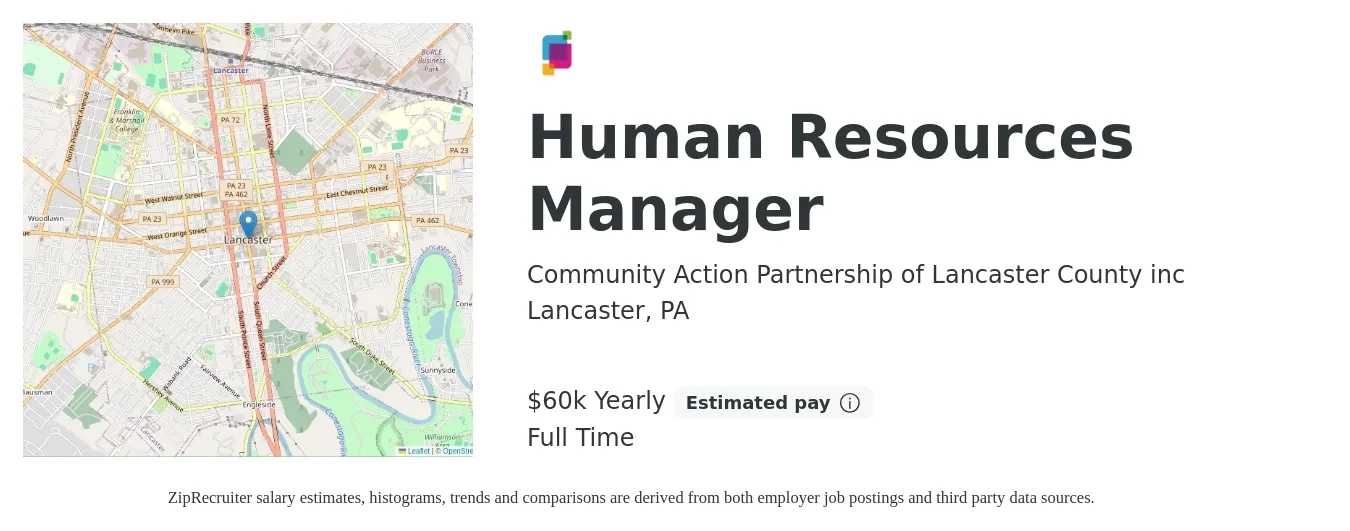 Community Action Partnership of Lancaster County inc job posting for a Human Resources Manager in Lancaster, PA with a salary of $60,000 Yearly with a map of Lancaster location.