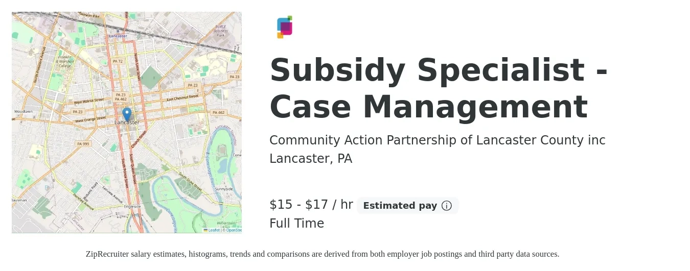 Community Action Partnership of Lancaster County inc job posting for a Subsidy Specialist - Case Management in Lancaster, PA with a salary of $16 to $18 Hourly with a map of Lancaster location.