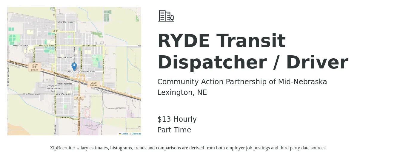 Community Action Partnership of Mid-Nebraska job posting for a RYDE Transit Dispatcher / Driver in Lexington, NE with a salary of $14 Hourly with a map of Lexington location.