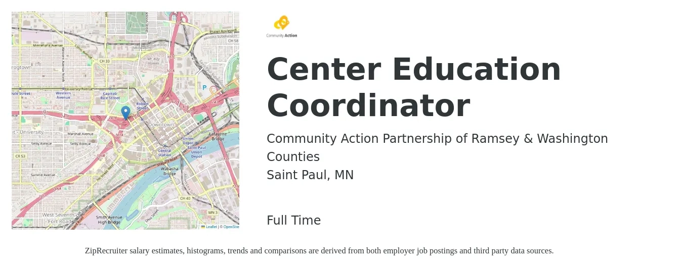 Community Action Partnership of Ramsey & Washington Counties job posting for a Center Education Coordinator in Saint Paul, MN with a salary of $41,100 to $63,200 Yearly with a map of Saint Paul location.