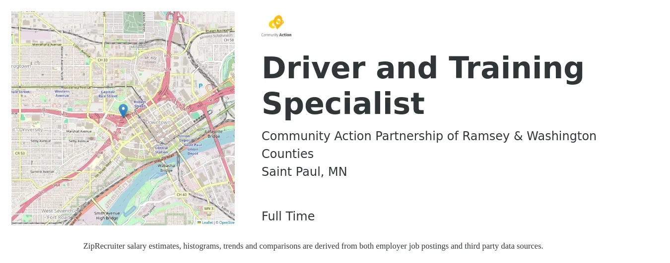 Community Action Partnership of Ramsey & Washington Counties job posting for a Driver and Training Specialist in Saint Paul, MN with a salary of $69,200 to $98,800 Yearly with a map of Saint Paul location.