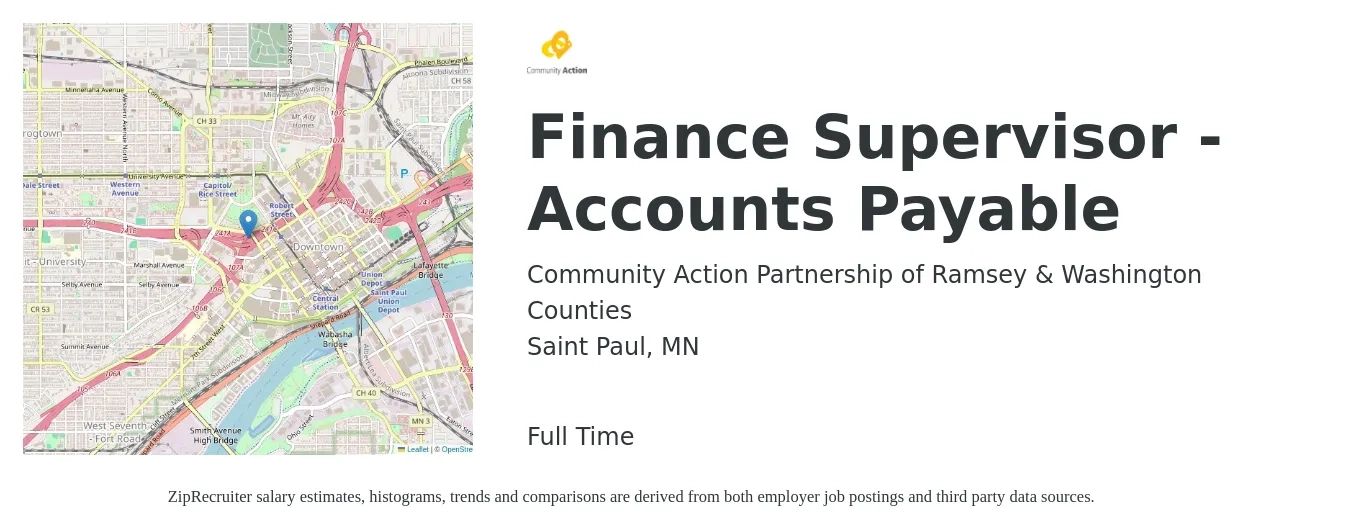 Community Action Partnership of Ramsey & Washington Counties job posting for a Finance Supervisor - Accounts Payable in Saint Paul, MN with a salary of $57,546 to $74,346 Yearly with a map of Saint Paul location.