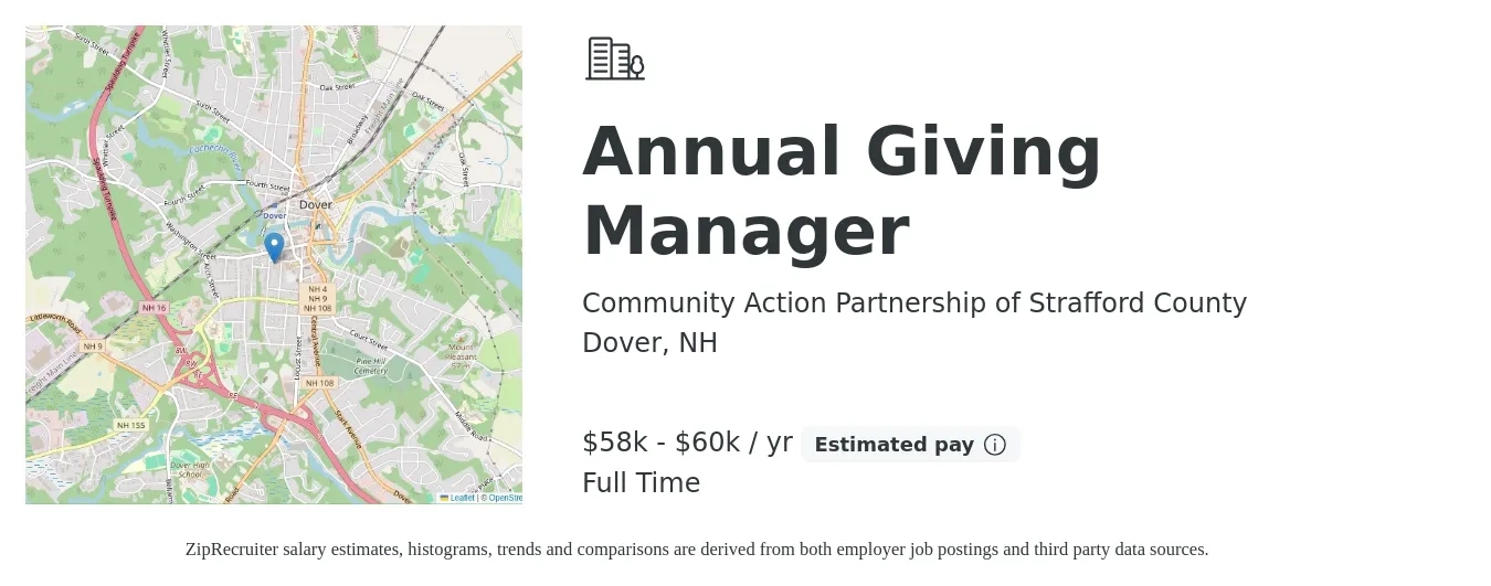 Community Action Partnership of Strafford County job posting for a Annual Giving Manager in Dover, NH with a salary of $58,000 to $60,000 Yearly with a map of Dover location.