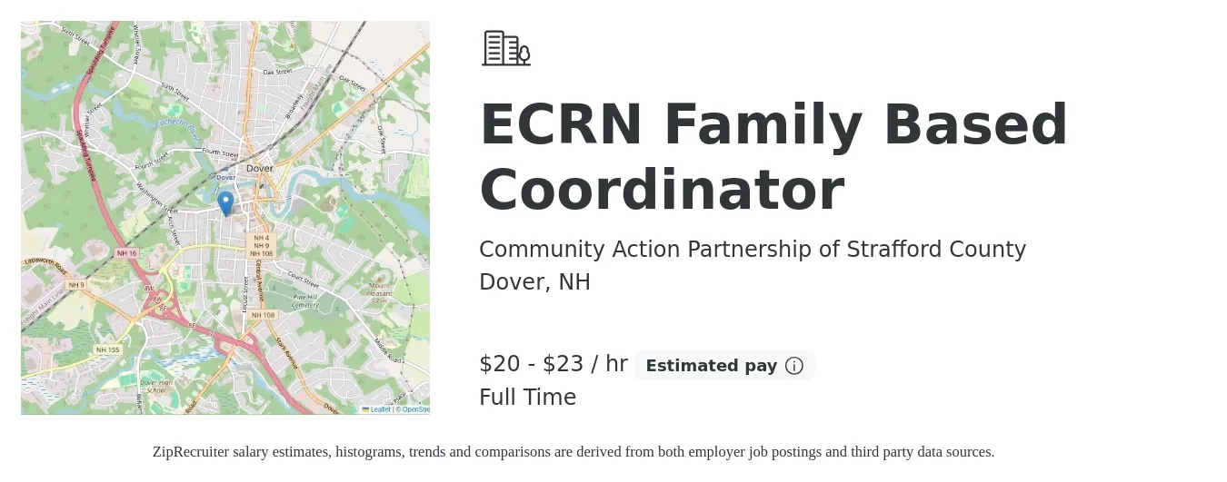 Community Action Partnership of Strafford County job posting for a ECRN Family Based Coordinator in Dover, NH with a salary of $21 to $24 Hourly with a map of Dover location.