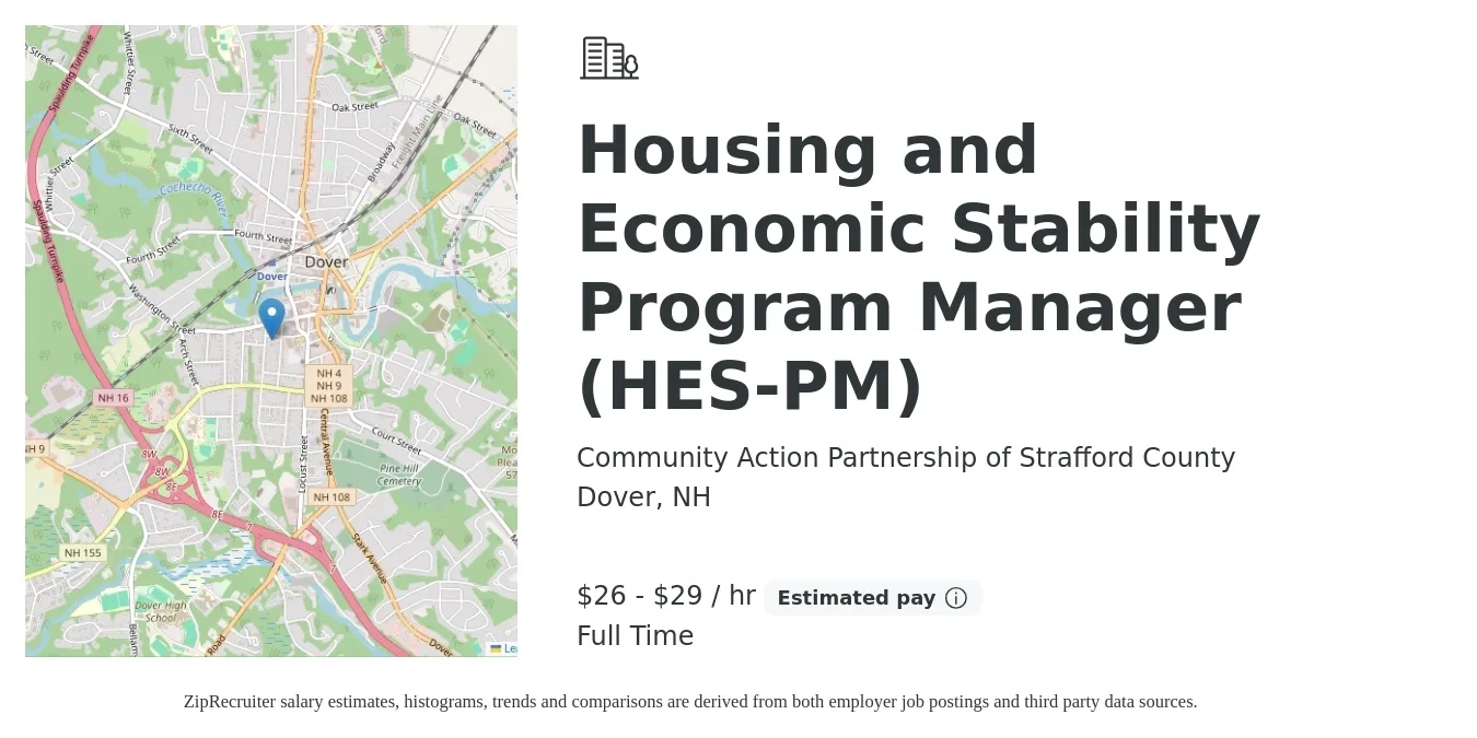 Community Action Partnership of Strafford County job posting for a Housing and Economic Stability Program Manager (HES-PM) in Dover, NH with a salary of $28 to $31 Hourly with a map of Dover location.