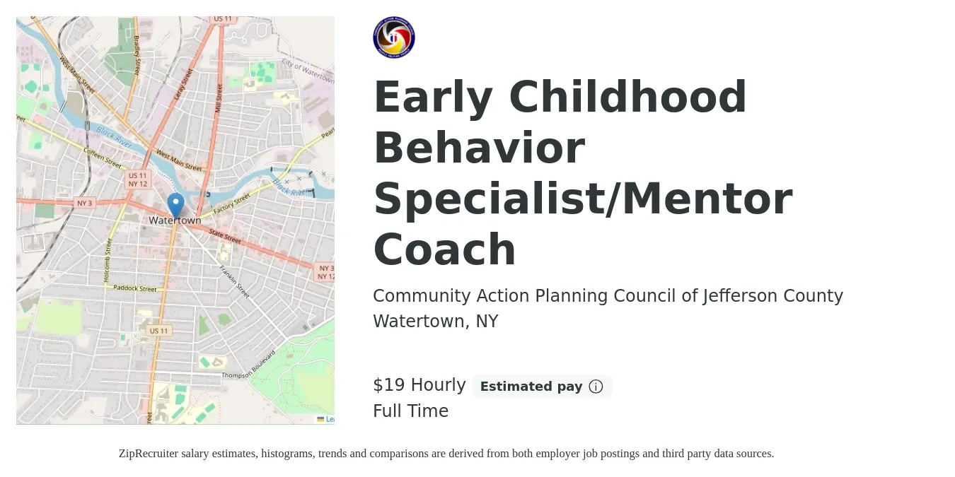 Community Action Planning Council of Jefferson County job posting for a Early Childhood Behavior Specialist/Mentor Coach in Watertown, NY with a salary of $21 Hourly with a map of Watertown location.