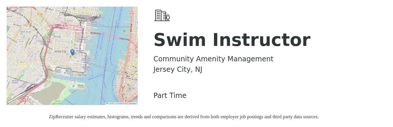 Community Amenity Management job posting for a Swim Instructor in Jersey City, NJ with a salary of $17 to $24 Hourly with a map of Jersey City location.