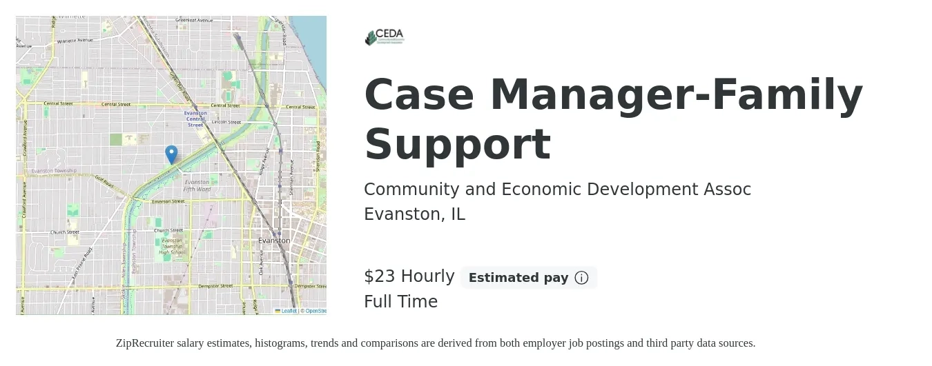 Community and Economic Development Assoc job posting for a Case Manager-Family Support in Evanston, IL with a salary of $24 to $24 Hourly with a map of Evanston location.