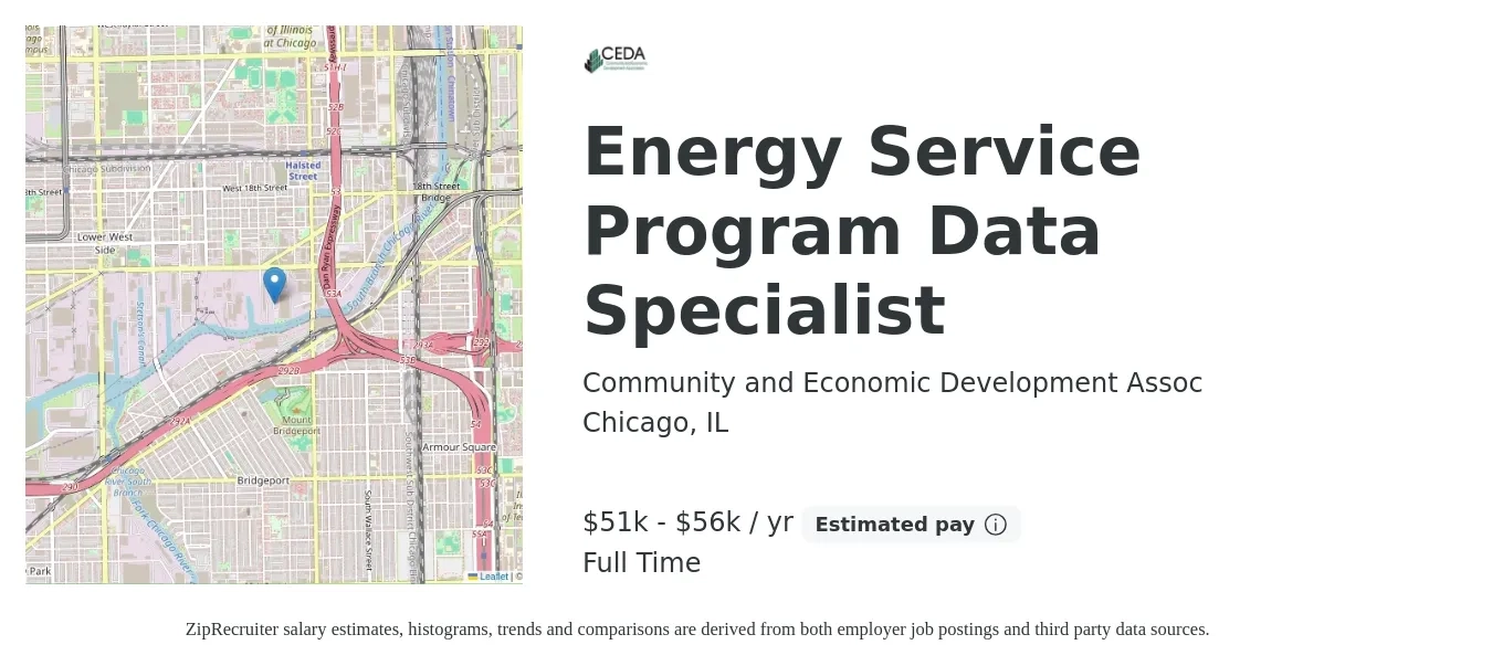 Community and Economic Development Assoc job posting for a Energy Service Program Data Specialist in Chicago, IL with a salary of $51,000 to $56,000 Yearly with a map of Chicago location.