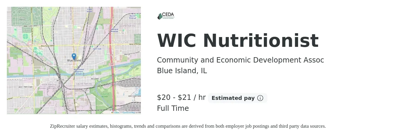 Community and Economic Development Assoc job posting for a WIC Nutritionist in Blue Island, IL with a salary of $21 to $22 Hourly with a map of Blue Island location.