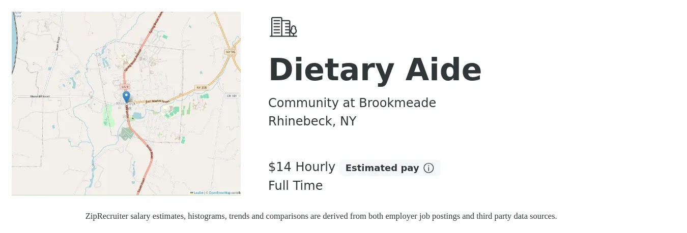 Community at Brookmeade job posting for a Dietary Aide in Rhinebeck, NY with a salary of $15 Hourly with a map of Rhinebeck location.