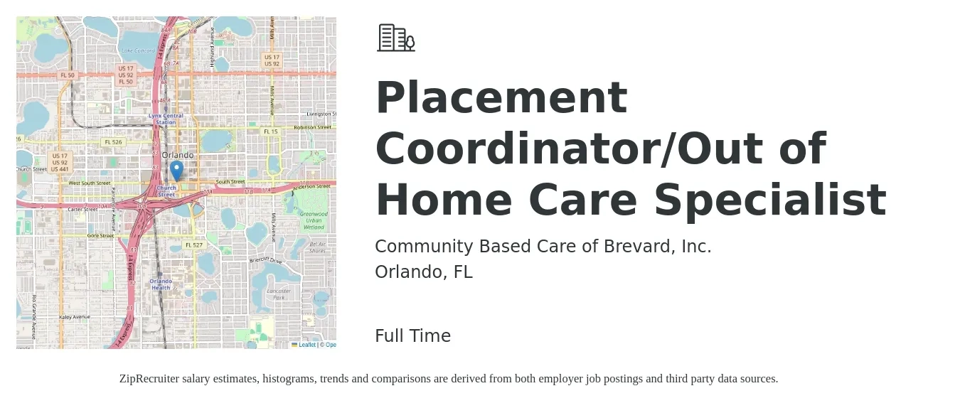 Community Based Care of Brevard, Inc. job posting for a Placement Coordinator/Out of Home Care Specialist in Orlando, FL with a salary of $51,500 Yearly with a map of Orlando location.