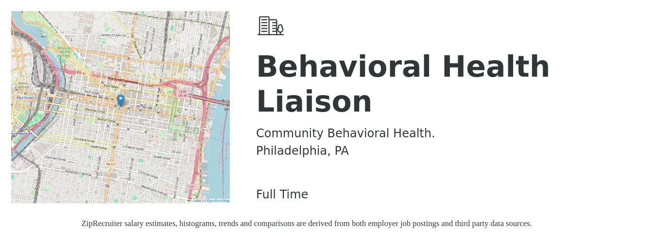 Community Behavioral Health. job posting for a Behavioral Health Liaison in Philadelphia, PA with a salary of $18 to $30 Hourly with a map of Philadelphia location.