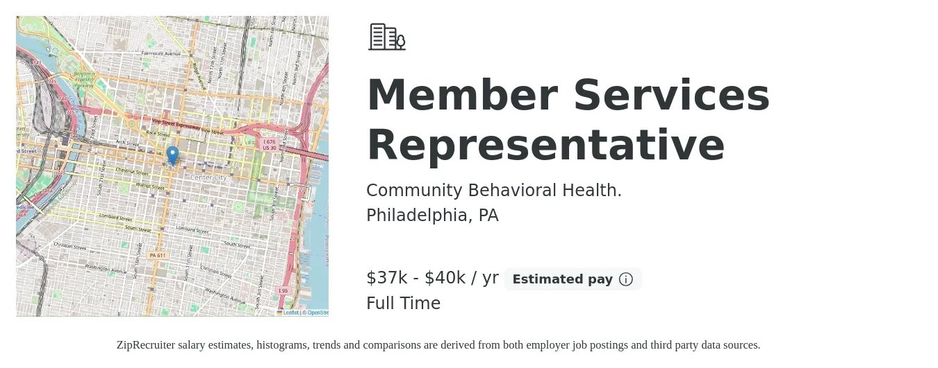 Community Behavioral Health. job posting for a Member Services Representative in Philadelphia, PA with a salary of $37,000 to $40,000 Yearly with a map of Philadelphia location.