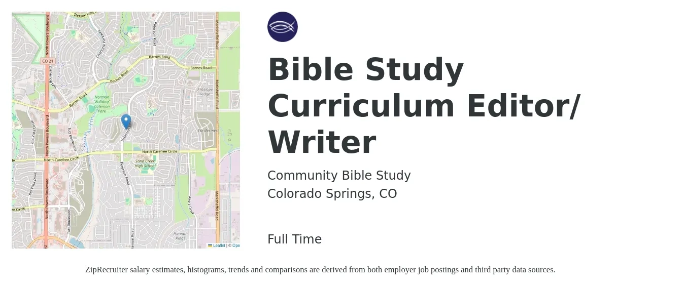 Community Bible Study job posting for a Bible Study Curriculum Editor/ Writer in Colorado Springs, CO with a salary of $55,000 to $65,000 Yearly with a map of Colorado Springs location.
