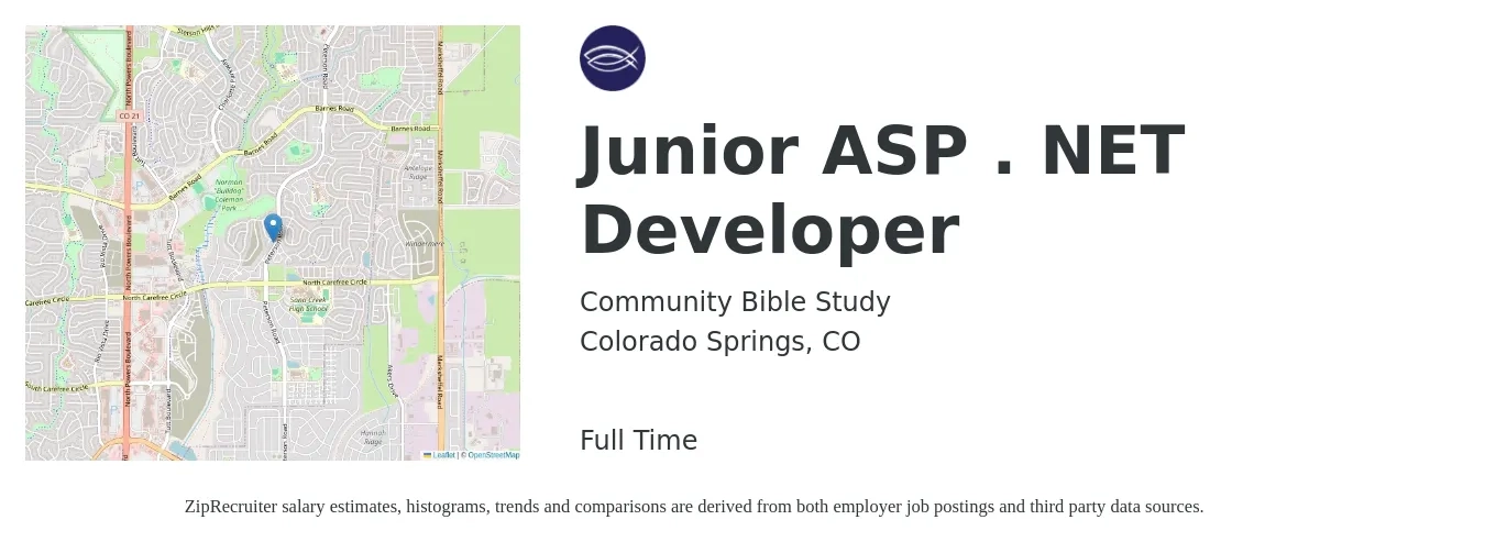 Community Bible Study job posting for a Junior ASP . NET Developer in Colorado Springs, CO with a salary of $65,000 to $75,000 Yearly with a map of Colorado Springs location.