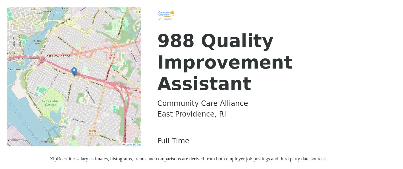 Community Care Alliance job posting for a 988 Quality Improvement Assistant in East Providence, RI with a salary of $18 to $23 Hourly with a map of East Providence location.