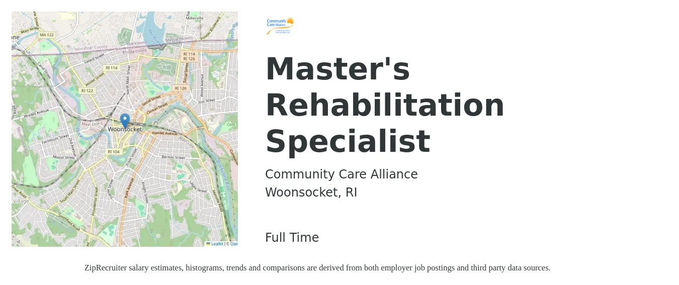 Community Care Alliance job posting for a Master's Rehabilitation Specialist in Woonsocket, RI with a map of Woonsocket location.