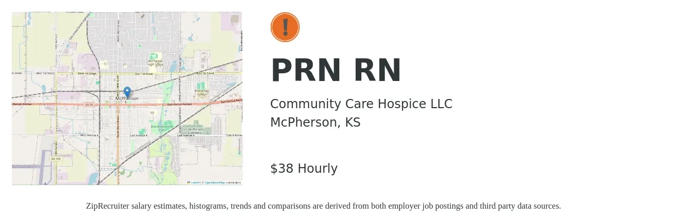 Community Care Hospice LLC job posting for a PRN RN in McPherson, KS with a salary of $40 Hourly with a map of McPherson location.