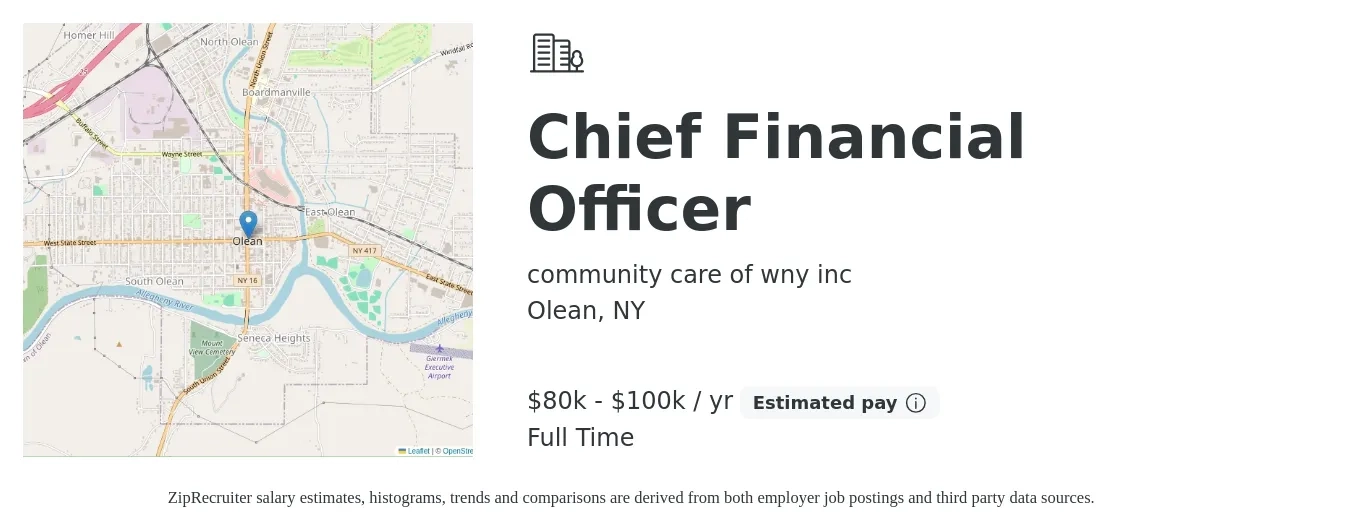 community care of wny inc job posting for a Chief Financial Officer in Olean, NY with a salary of $80,000 to $100,000 Yearly with a map of Olean location.