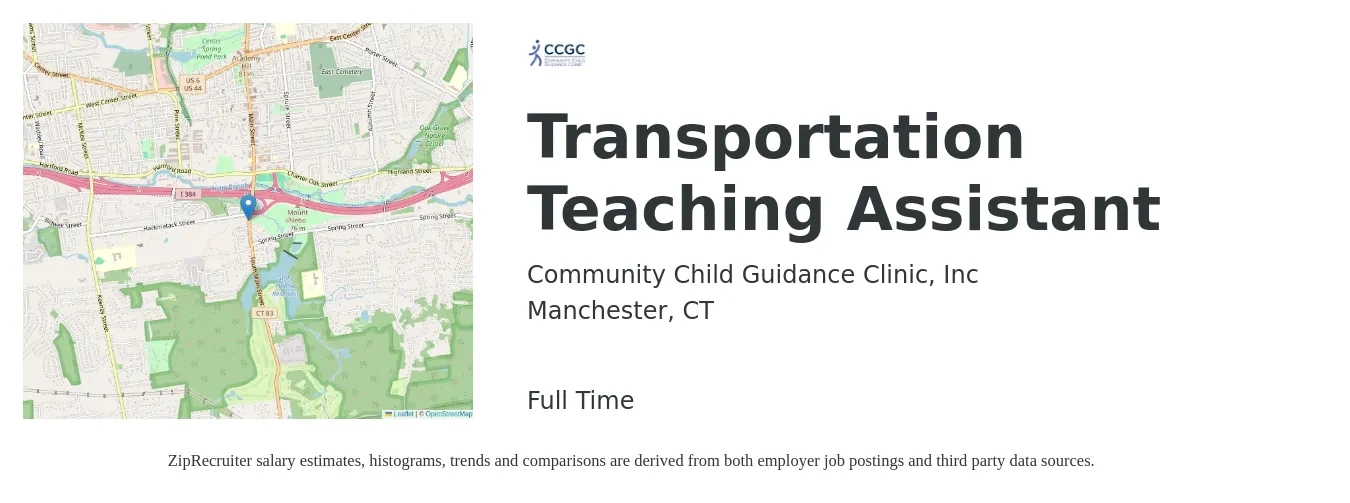 Community Child Guidance Clinic, Inc job posting for a Transportation Teaching Assistant in Manchester, CT with a salary of $14 to $18 Hourly with a map of Manchester location.