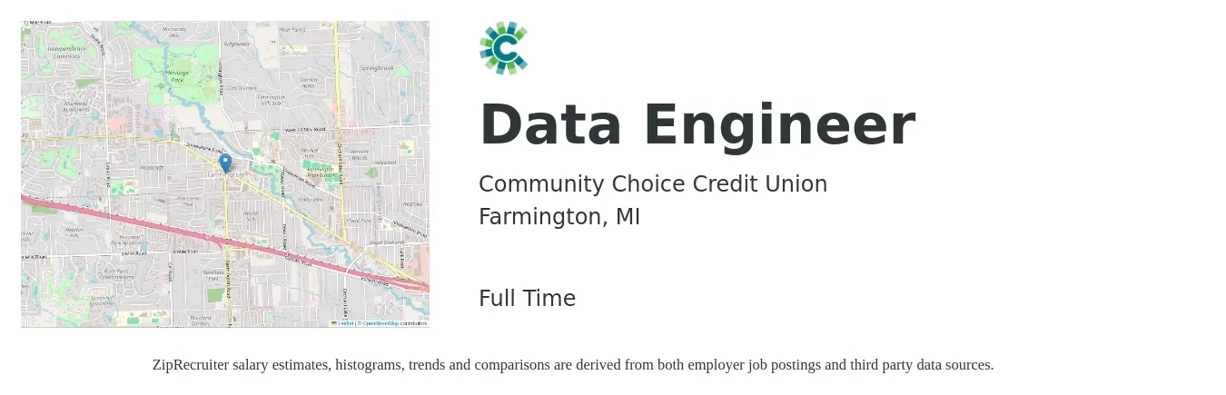 Community Choice Credit Union job posting for a Data Engineer in Farmington, MI with a salary of $112,700 to $135,300 Yearly with a map of Farmington location.