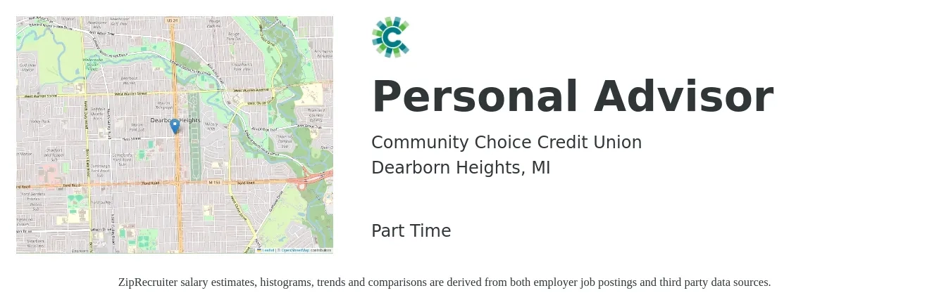 Community Choice Credit Union job posting for a Personal Advisor in Dearborn Heights, MI with a salary of $43,400 to $55,800 Yearly with a map of Dearborn Heights location.