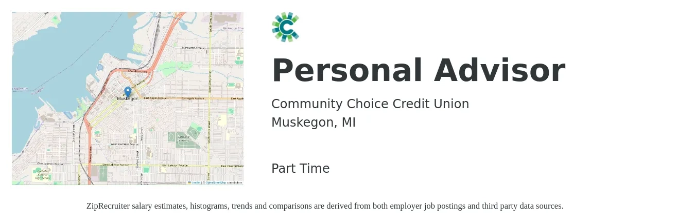 Community Choice Credit Union job posting for a Personal Advisor in Muskegon, MI with a salary of $42,500 to $54,700 Yearly with a map of Muskegon location.