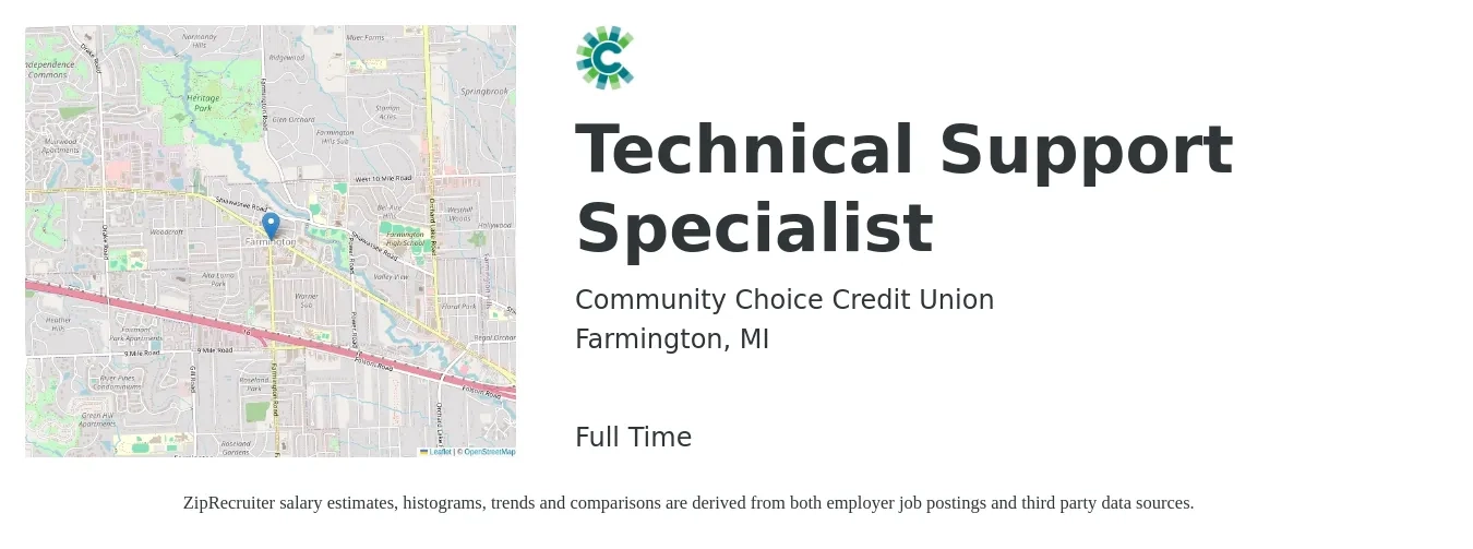 Community Choice Credit Union job posting for a Technical Support Specialist in Farmington, MI with a salary of $21 to $31 Hourly with a map of Farmington location.