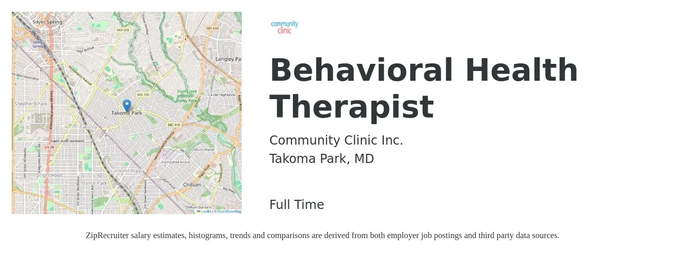 Community Clinic Inc. job posting for a Behavioral Health Therapist in Takoma Park, MD with a salary of $61,800 to $83,000 Yearly with a map of Takoma Park location.