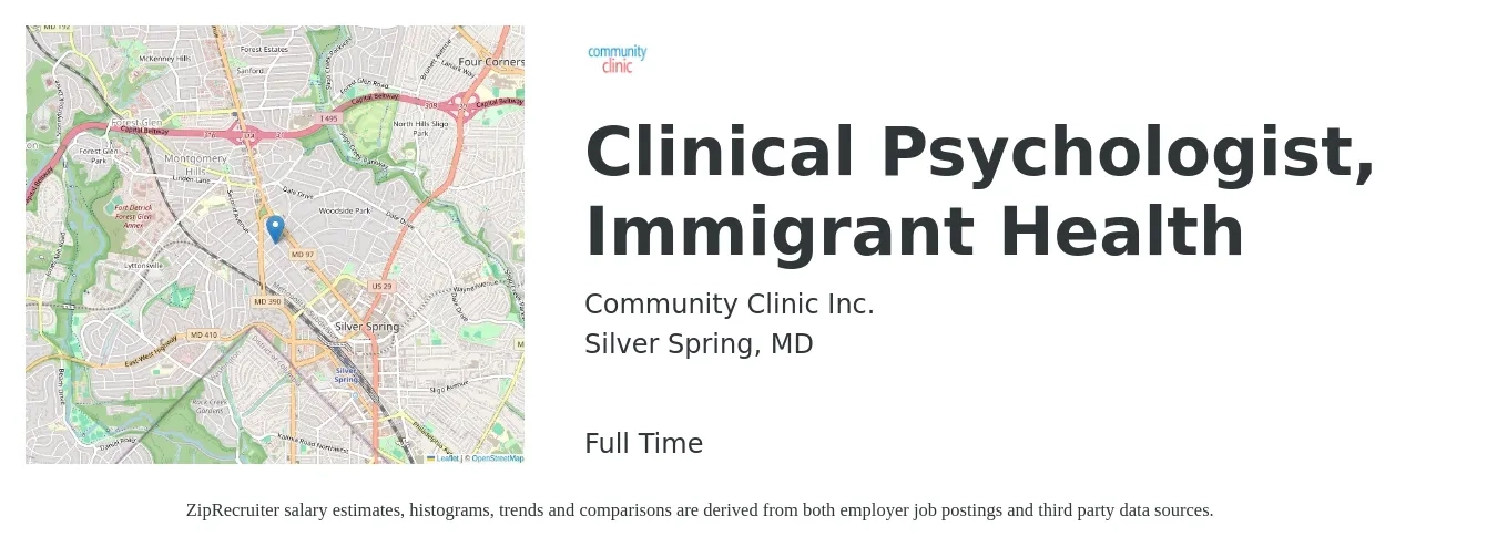 Community Clinic Inc. job posting for a Clinical Psychologist, Immigrant Health in Silver Spring, MD with a salary of $91,700 to $126,400 Yearly with a map of Silver Spring location.