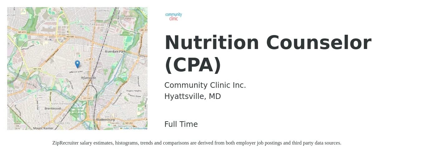 Community Clinic Inc. job posting for a Nutrition Counselor (CPA) in Hyattsville, MD with a salary of $21 to $24 Hourly with a map of Hyattsville location.