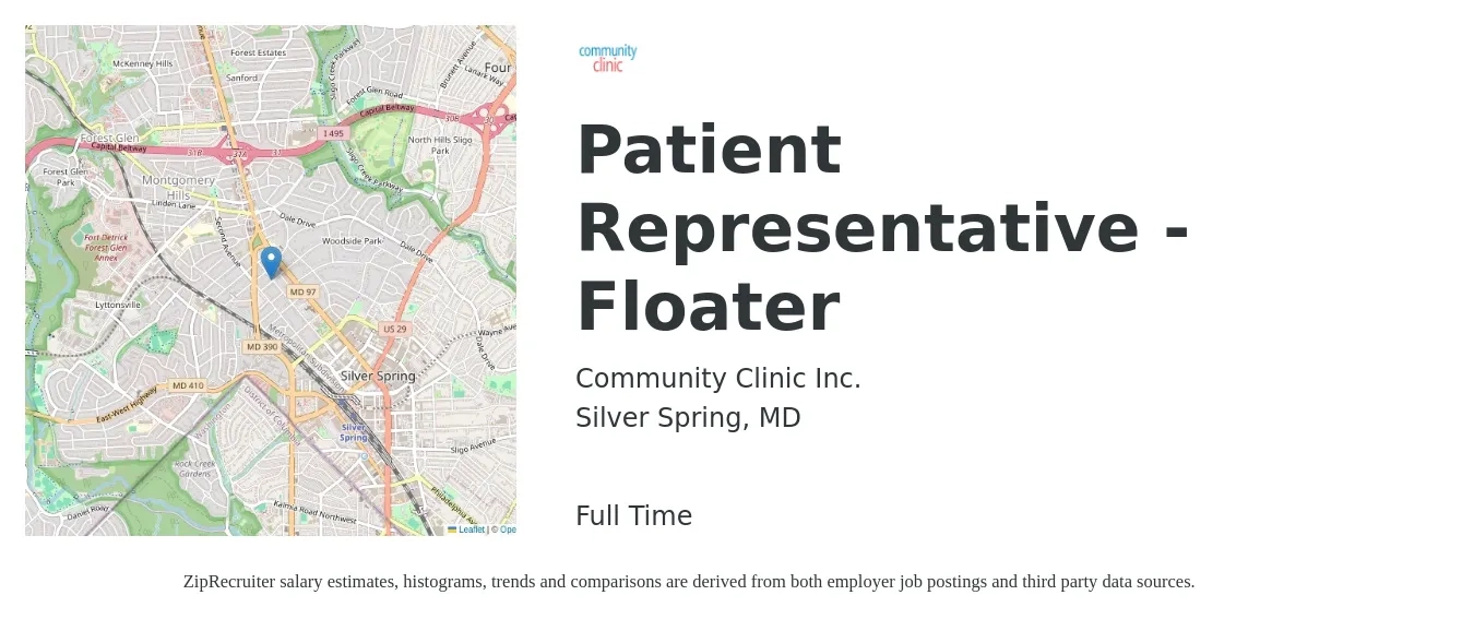 Community Clinic Inc. job posting for a Patient Representative - Floater in Silver Spring, MD with a salary of $18 to $23 Hourly with a map of Silver Spring location.