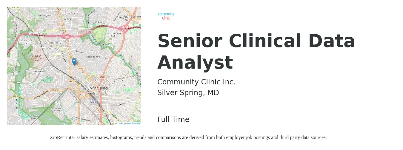Community Clinic Inc. job posting for a Senior Clinical Data Analyst in Silver Spring, MD with a salary of $37 to $52 Hourly with a map of Silver Spring location.