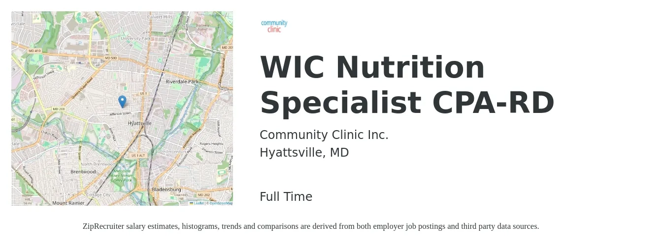 Community Clinic Inc. job posting for a WIC Nutrition Specialist CPA-RD in Hyattsville, MD with a salary of $16 to $26 Hourly with a map of Hyattsville location.