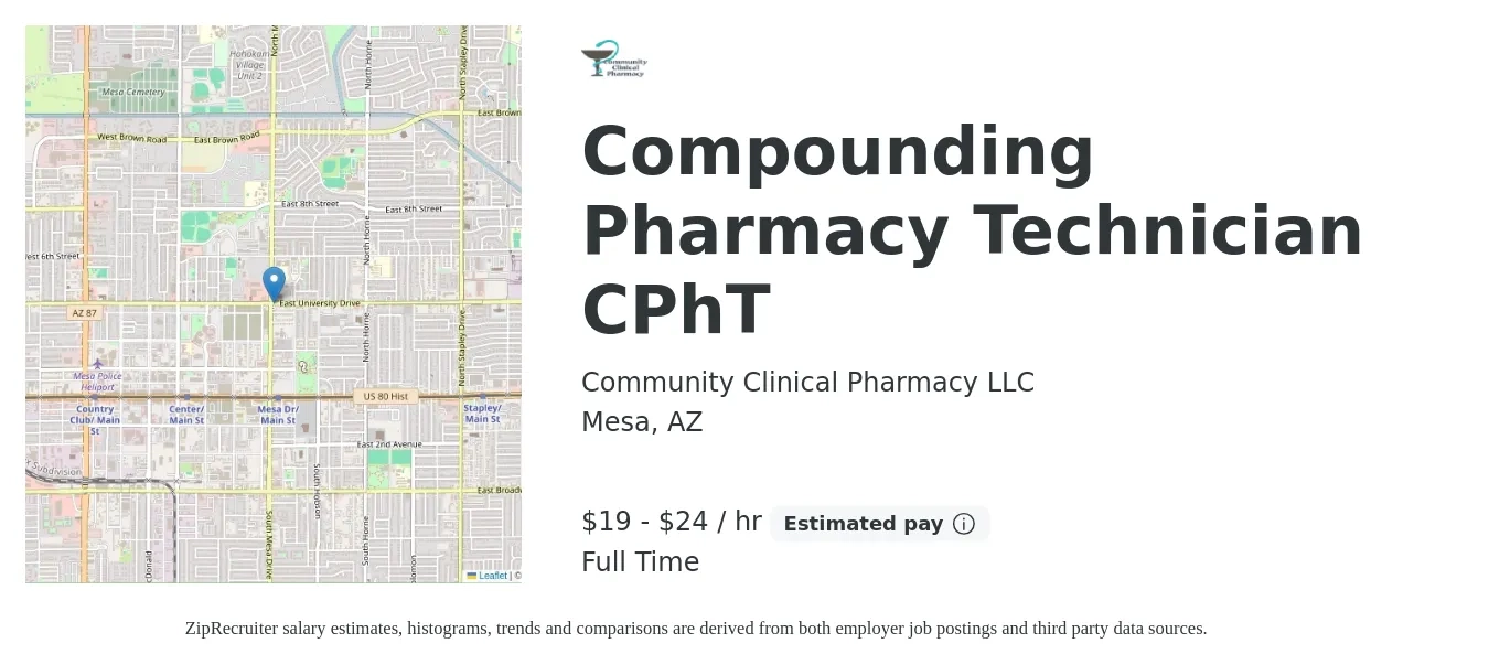 Community Clinical Pharmacy LLC job posting for a Compounding Pharmacy Technician CPhT in Mesa, AZ with a salary of $20 to $25 Hourly with a map of Mesa location.