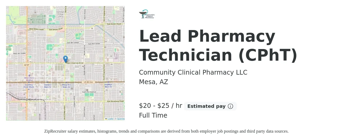 Community Clinical Pharmacy LLC job posting for a Lead Pharmacy Technician (CPhT) in Mesa, AZ with a salary of $21 to $26 Hourly with a map of Mesa location.