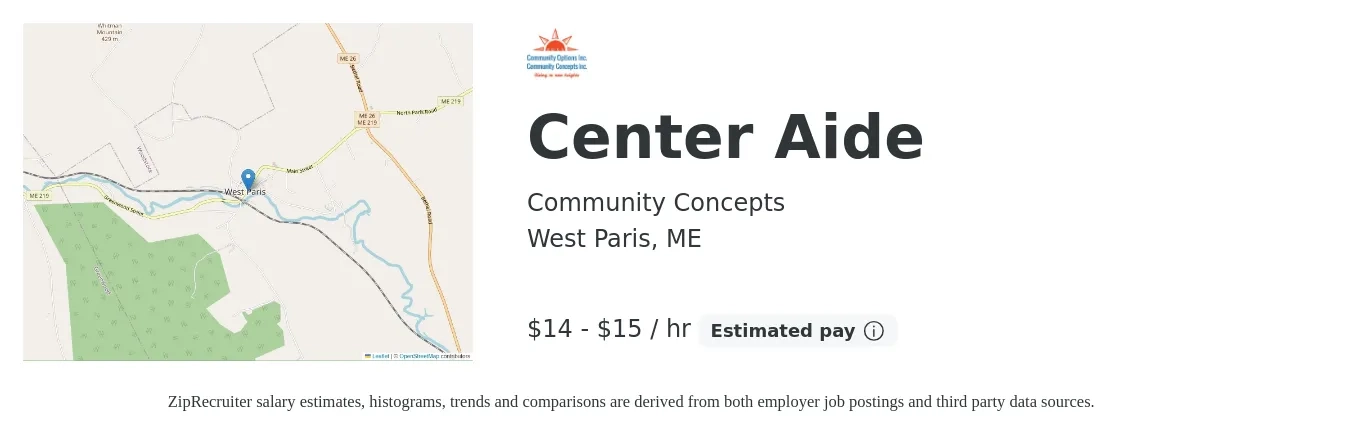 Community Concepts job posting for a Center Aide in West Paris, ME with a salary of $16 to $16 Hourly with a map of West Paris location.