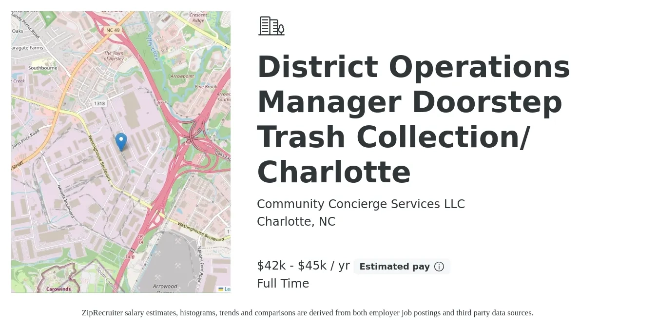 Community Concierge Services LLC job posting for a District Operations Manager Doorstep Trash Collection/ Charlotte in Charlotte, NC with a salary of $42,000 to $45,000 Yearly with a map of Charlotte location.