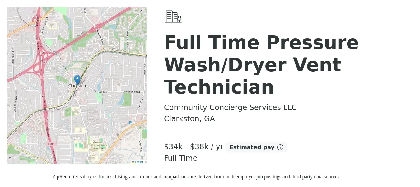 Community Concierge Services LLC job posting for a Full Time Pressure Wash/Dryer Vent Technician in Clarkston, GA with a salary of $34,000 to $38,000 Yearly with a map of Clarkston location.