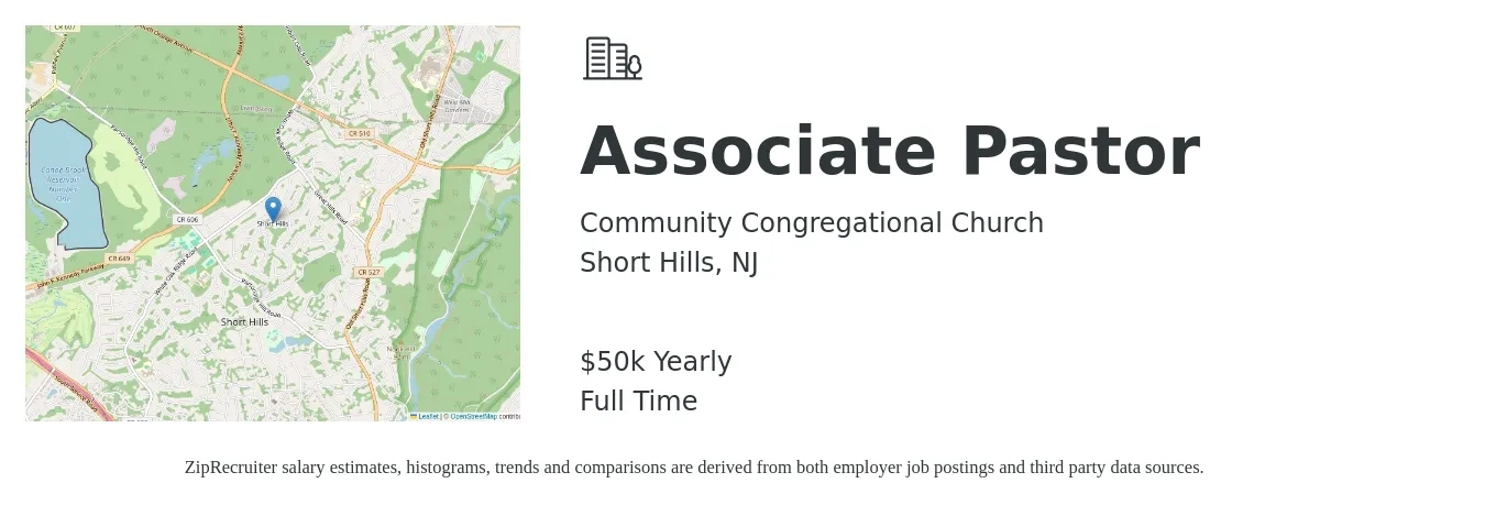 Community Congregational Church job posting for a Associate Pastor in Short Hills, NJ with a salary of $50,000 Yearly with a map of Short Hills location.