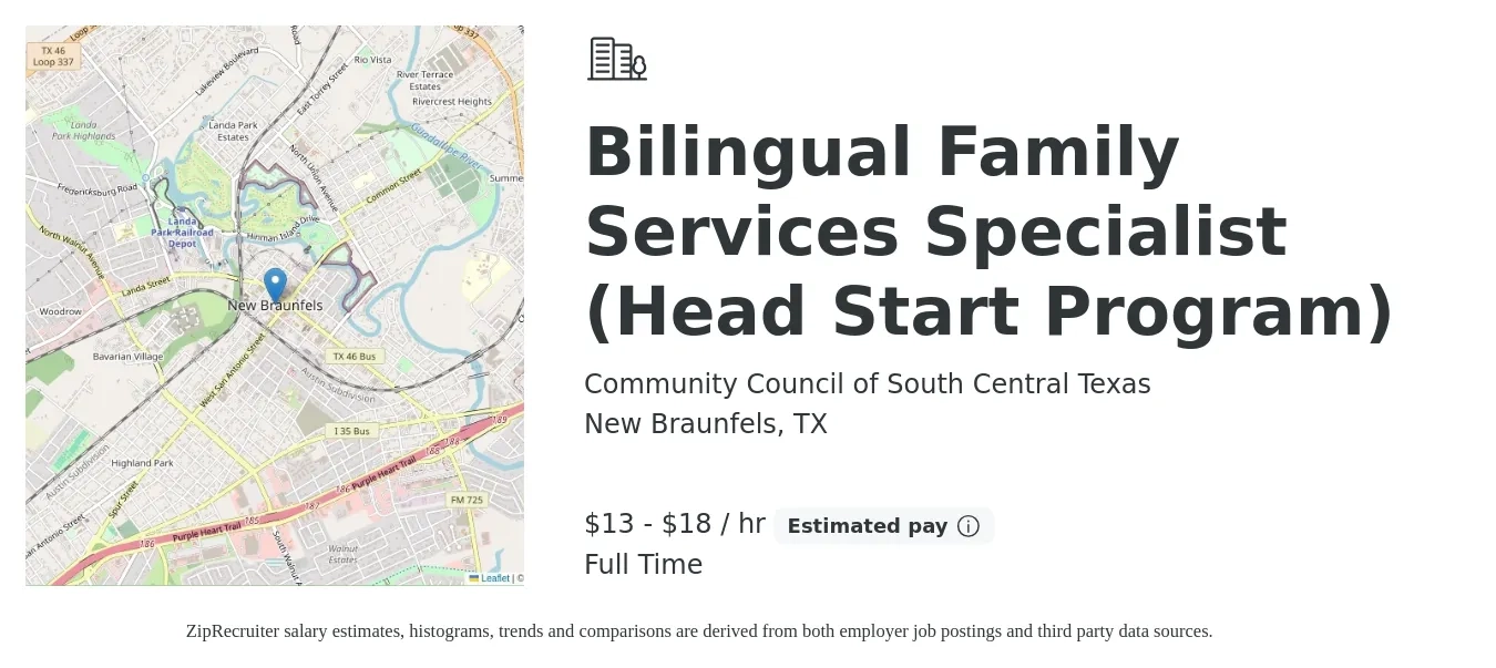 Community Council of South Central Texas job posting for a Bilingual Family Services Specialist (Head Start Program) in New Braunfels, TX with a salary of $14 to $19 Hourly with a map of New Braunfels location.