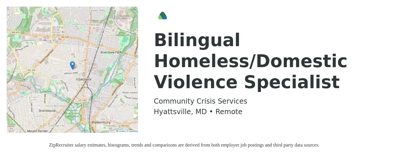 Community Crisis Services job posting for a Bilingual Homeless/Domestic Violence Specialist in Hyattsville, MD with a salary of $22 Hourly with a map of Hyattsville location.