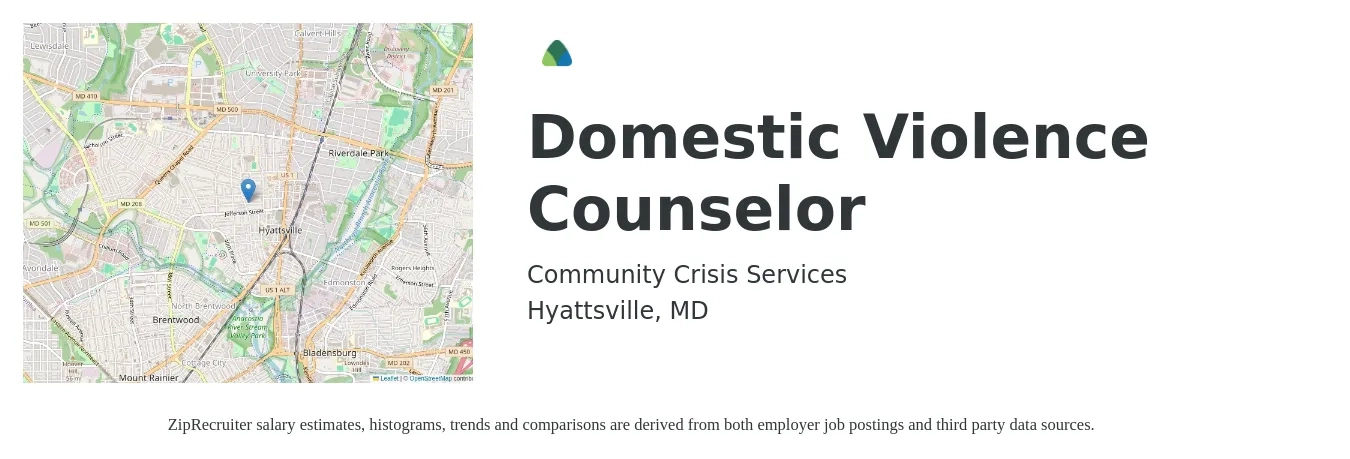 Community Crisis Services job posting for a Domestic Violence Counselor in Hyattsville, MD with a salary of $24 Hourly with a map of Hyattsville location.