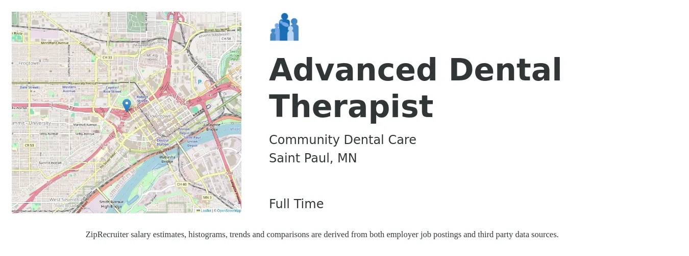 Community Dental Care job posting for a Advanced Dental Therapist in Saint Paul, MN with a salary of $42,500 to $214,900 Yearly with a map of Saint Paul location.