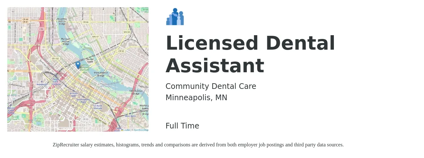 Community Dental Care job posting for a Licensed Dental Assistant in Minneapolis, MN with a salary of $19 to $24 Hourly with a map of Minneapolis location.