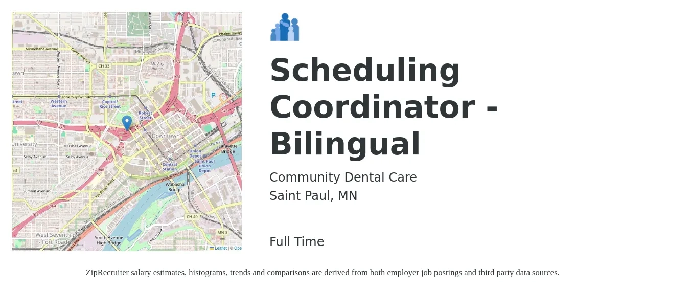 Community Dental Care job posting for a Scheduling Coordinator - Bilingual in Saint Paul, MN with a salary of $18 to $23 Hourly with a map of Saint Paul location.