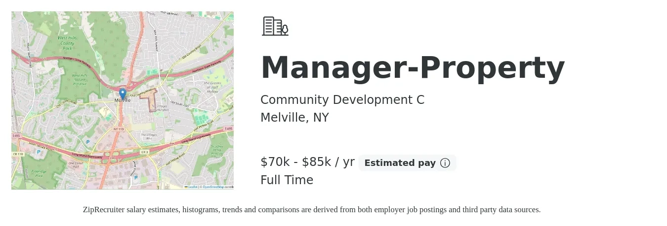 Community Development C job posting for a Manager-Property in Melville, NY with a salary of $70,000 to $85,000 Yearly with a map of Melville location.