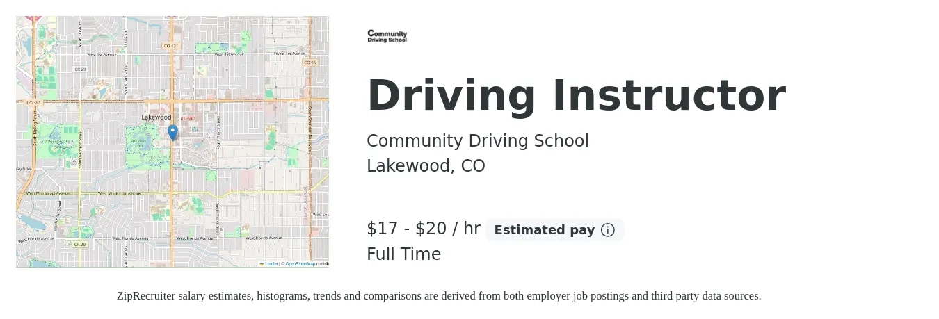 Community Driving School job posting for a Driving Instructor in Lakewood, CO with a salary of $18 to $21 Hourly and benefits including pto, and retirement with a map of Lakewood location.
