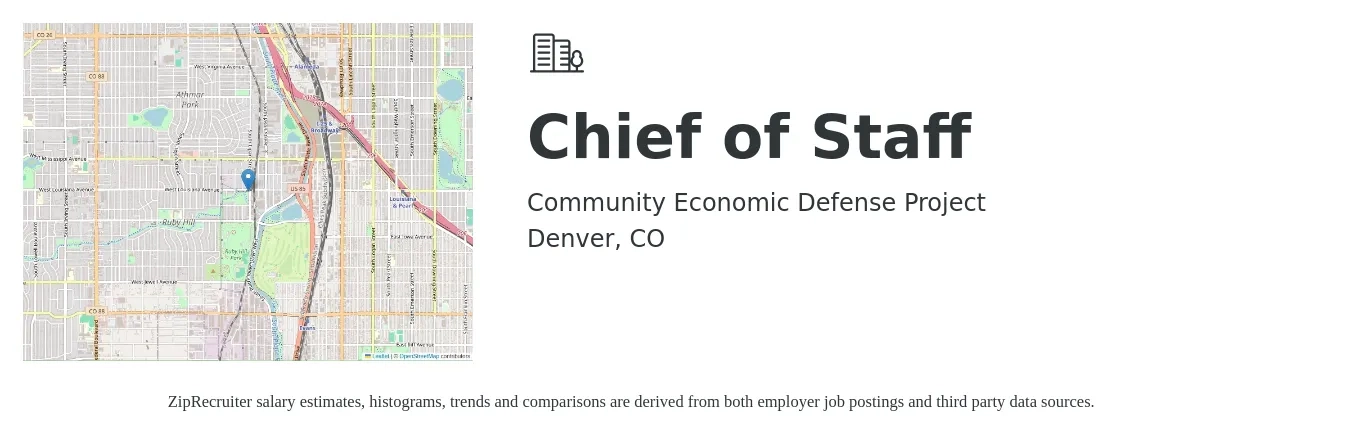 Community Economic Defense Project job posting for a Chief of Staff in Denver, CO with a salary of $85,000 to $110,000 Yearly with a map of Denver location.